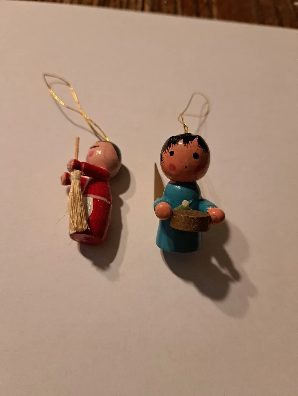 Vintage Wood Christmas Ornaments Lot 6 Hand Painted Wooden Rustic Farmhouse